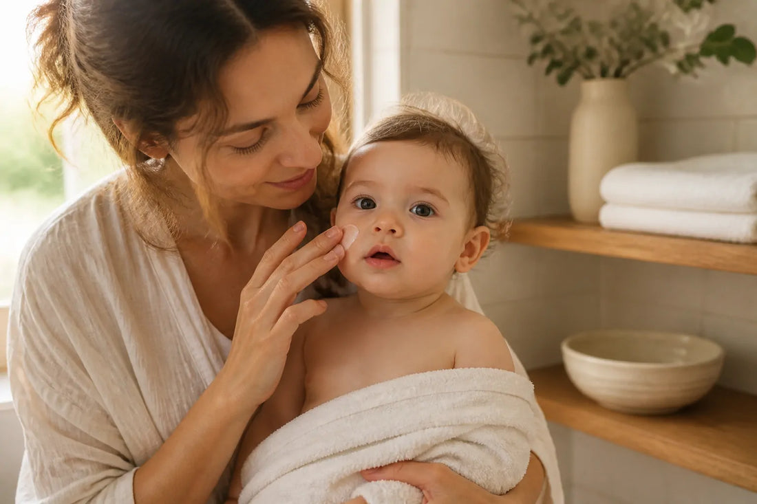 Image d'illustration douce et lumineuse pour l'article Eczéma au visage de bébé : le reconnaître et le soulager