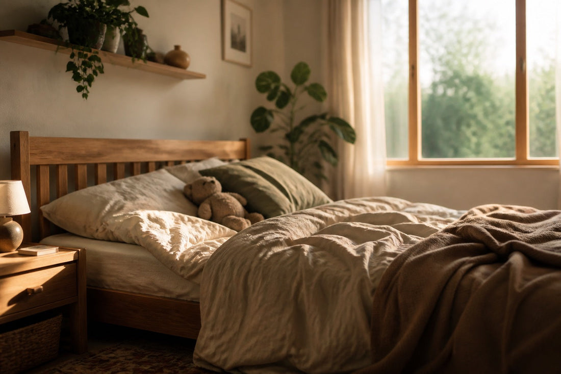 Chambre familiale chaleureuse avec lit double en bois et doudou sur l'oreiller