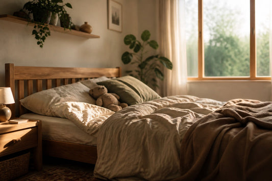 Chambre familiale chaleureuse avec lit double en bois et doudou sur l'oreiller