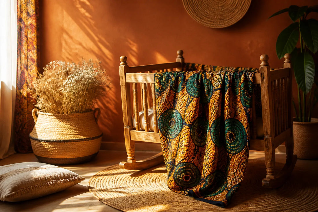 Berceau en bois avec couverture wax africaine colorée dans une chambre chaleureuse