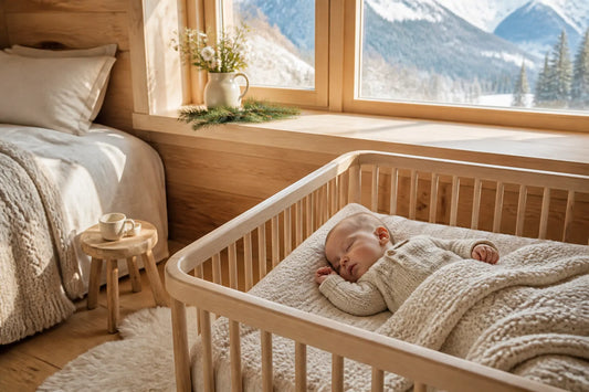 Bébé endormi dans une chambre d'inspiration alpine et boisée