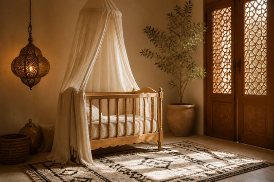 Chambre de bébé mêlant style moderne et marocain avec lanterne en laiton