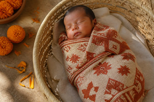 Nouveau-né endormi dans une couverture tissée aux motifs mexicains