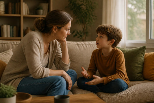 Parent à l'écoute attentive de son enfant sur le canapé