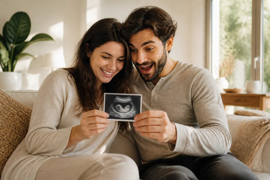 Couple découvrant ensemble une échographie, moment d'annonce