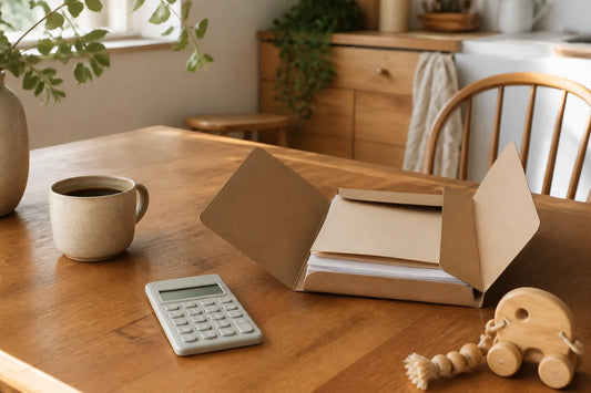 Table de cuisine avec calculatrice, dossier et jouet en bois