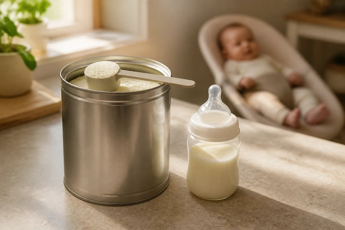 Boîte de préparation infantile ouverte avec sa dosette et un biberon