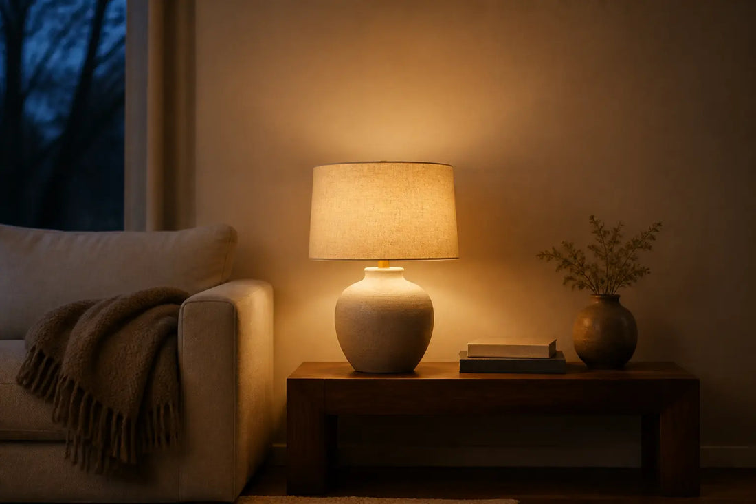 Lampe à poser en céramique avec abat-jour en lin, allumée sur une table basse en bois près d'un canapé