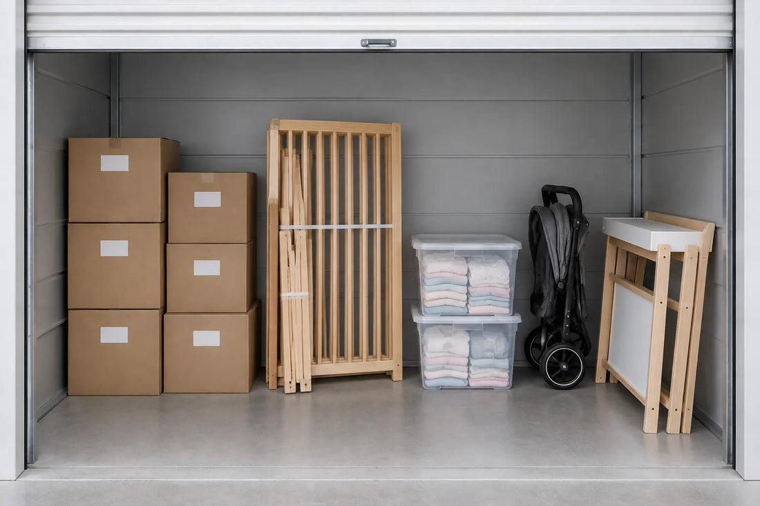 Box de stockage rangé avec cartons, lit de bébé démonté, bacs de vêtements de bébé et poussette pliée