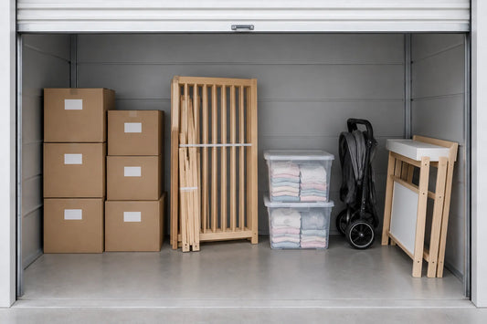 Box de stockage rangé avec cartons, lit de bébé démonté, bacs de vêtements de bébé et poussette pliée