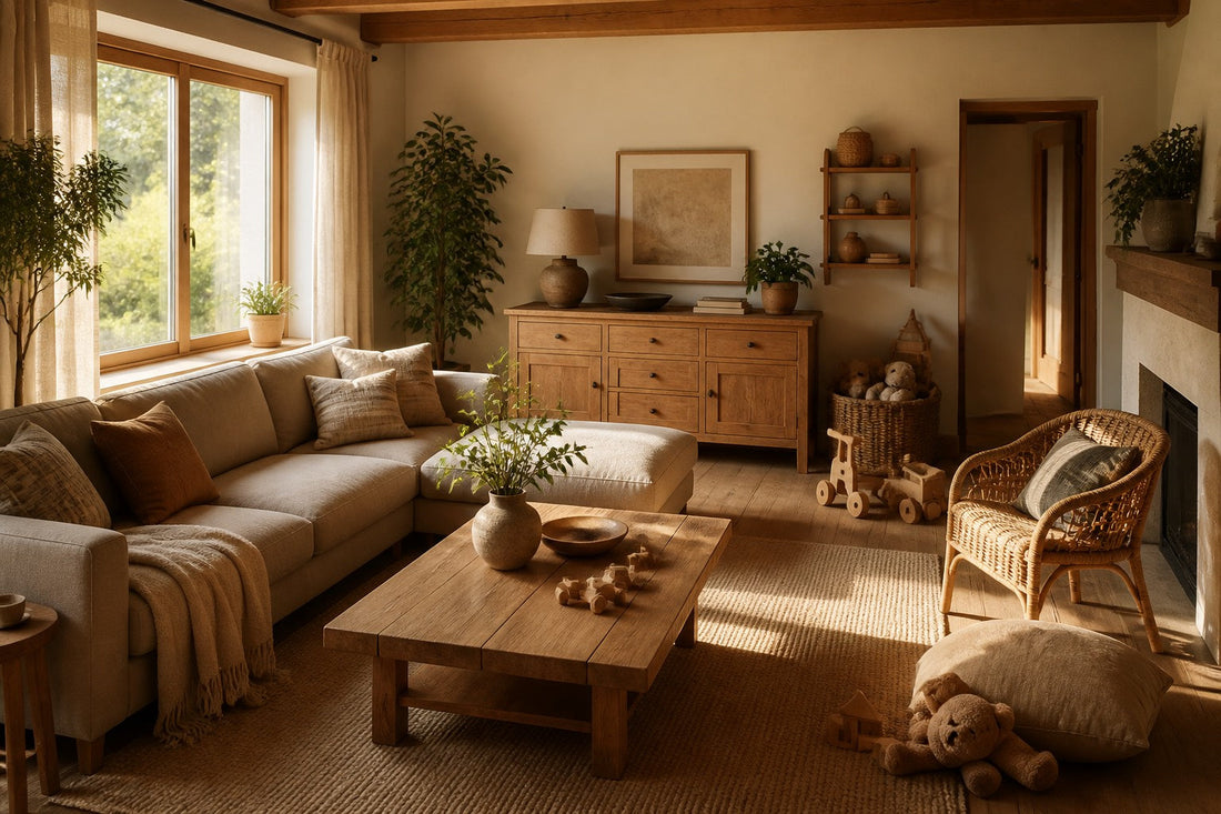 Salon de famille chaleureux meuble en bois et textiles de qualite fabriques en France