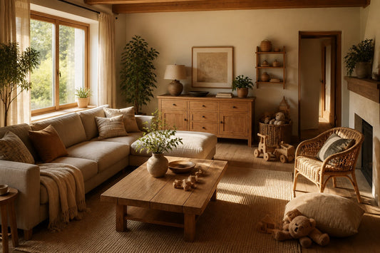 Salon de famille chaleureux meuble en bois et textiles de qualite fabriques en France