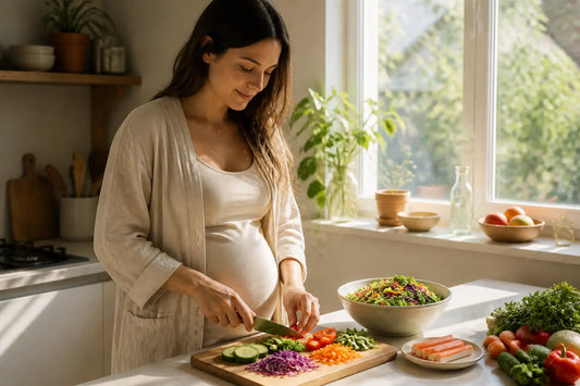 Femme enceinte préparant une salade fraîche avec du surimi dans une cuisine lumineuse