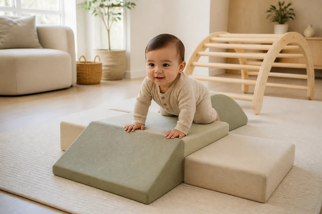 Bébé franchit un module en mousse de son parcours de motricité