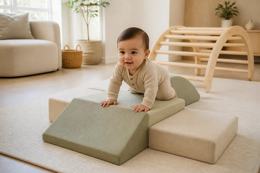 Bébé franchit un module en mousse de son parcours de motricité
