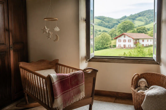 Berceau en bois près d'une fenêtre sur les collines vertes du Pays basque