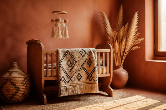 Berceau en bois avec couverture à motifs berbères dans une chambre terracotta