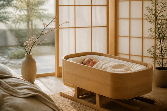 Chambre de bébé d'inspiration japonaise avec panneaux shoji et fleur de cerisier
