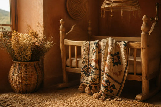 Berceau avec couverture berbère et fleurs séchées, ambiance kabyle chaleureuse