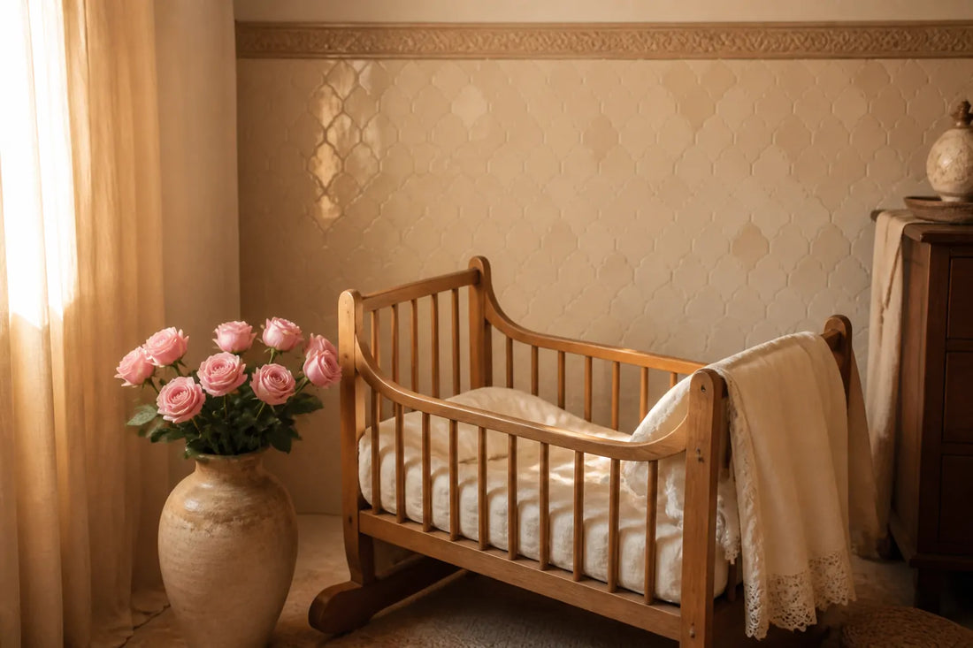Chambre de bébé mêlant style moderne et marocain avec roses et zelliges pastel