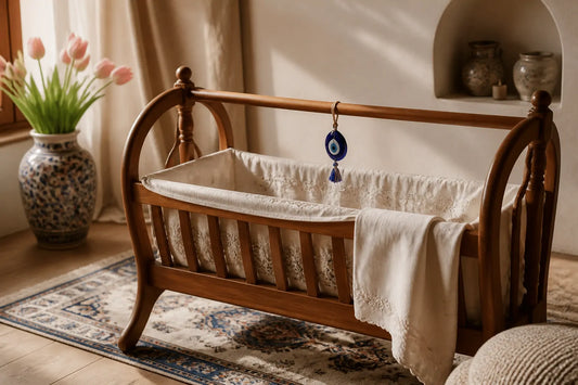 Chambre de bébé mêlant style moderne et turc avec amulette nazar et tulipe