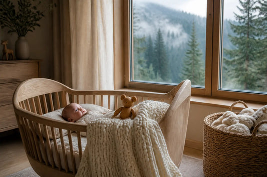 Chambre scandinave avec berceau en bois et petit ours, forêt nordique par la fenêtre