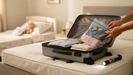 Valise ouverte et vêtements rangés dans des sachets fermés au retour de vacances