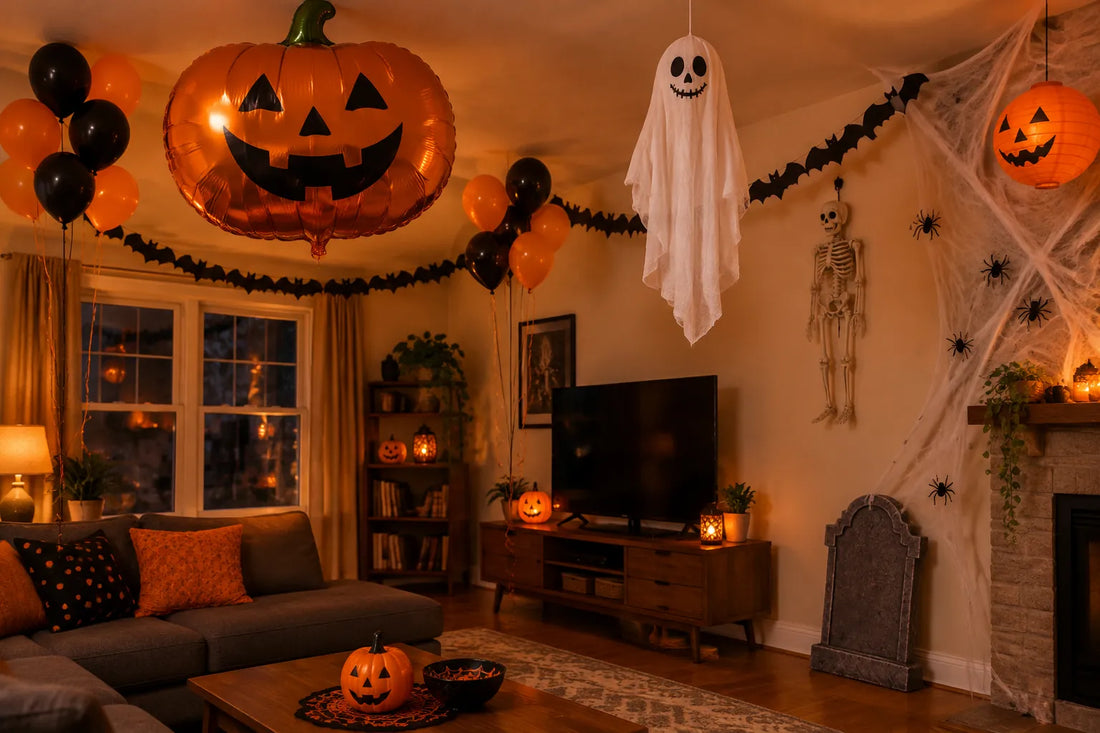 Salon décoré pour une fête d'Halloween avec un ballon citrouille géant, un fantôme suspendu, un squelette et une toile d'araignée