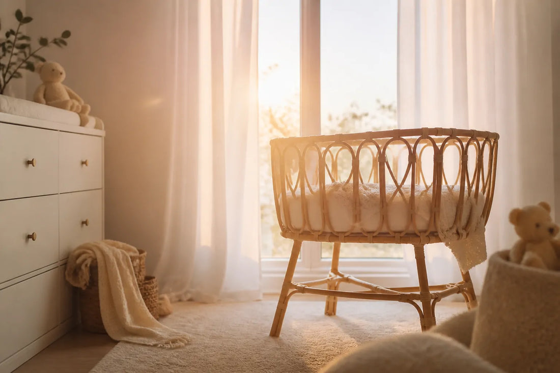 Lumière d'aube rosée traversant les voilages d'une chambre de bébé blanche