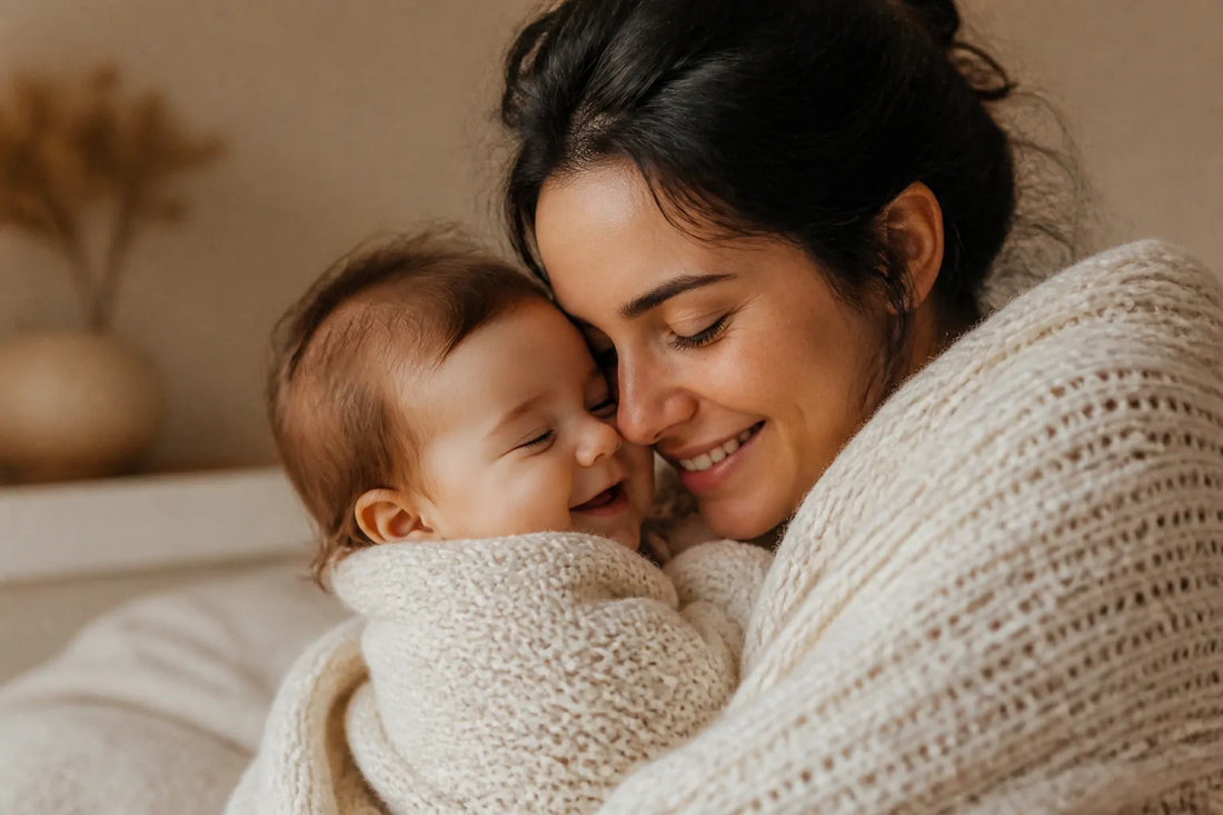 Maman enlaçant tendrement son bébé joue contre joue