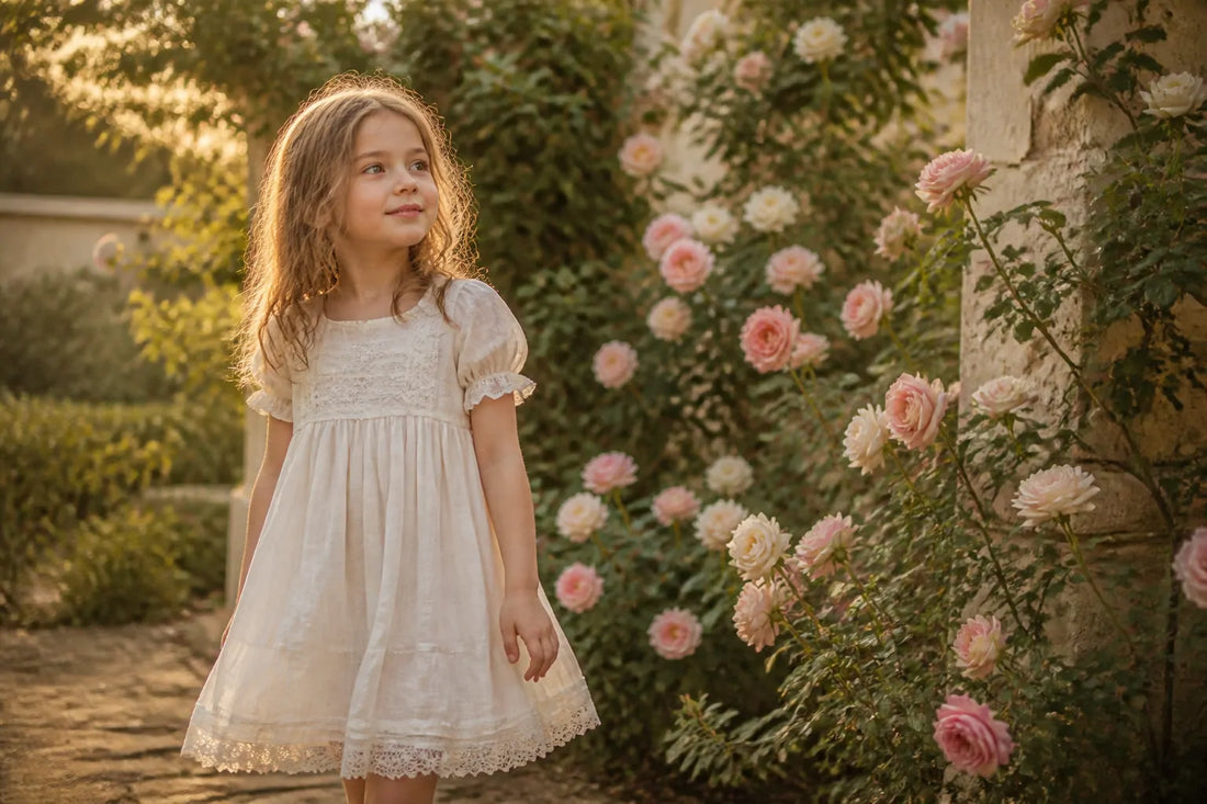 Petite fille en robe ivoire dans un jardin romantique aux roses grimpantes