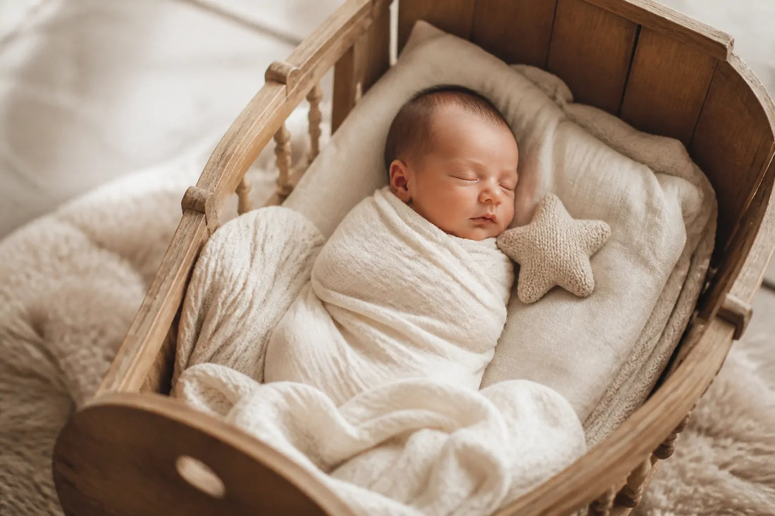 Nouveau-né endormi dans un berceau en bois, petit jouet étoile en tricot à côté