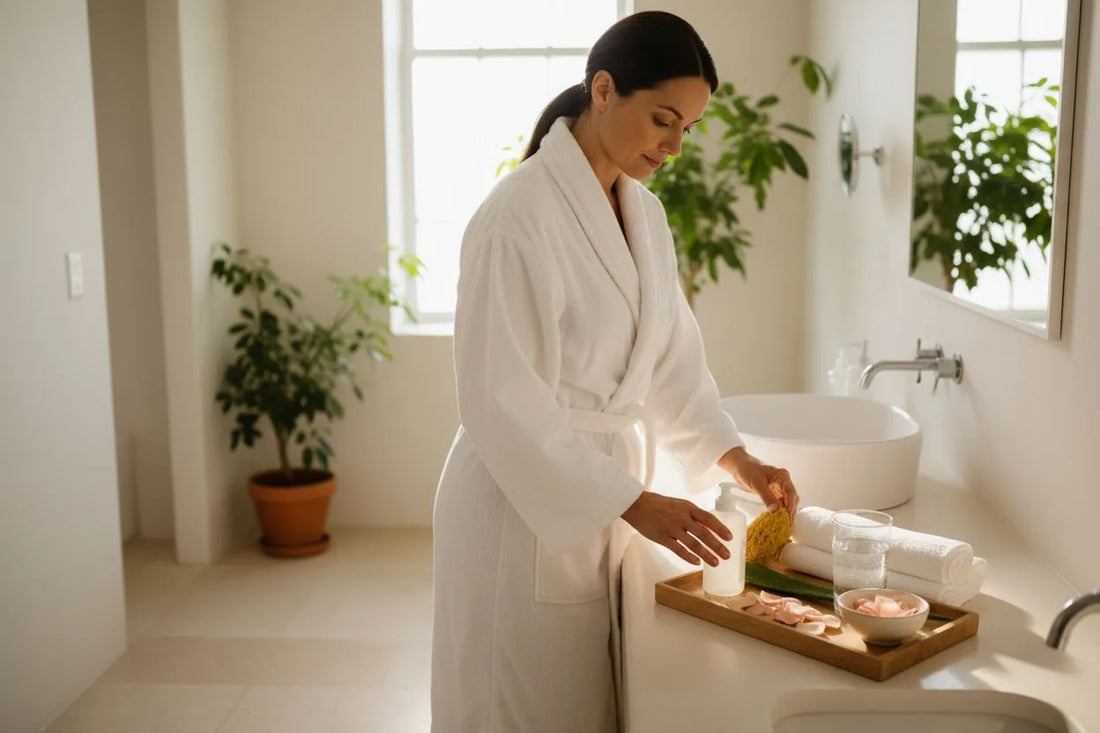 Femme en peignoir préparant ses produits de toilette dans une salle de bain lumineuse
