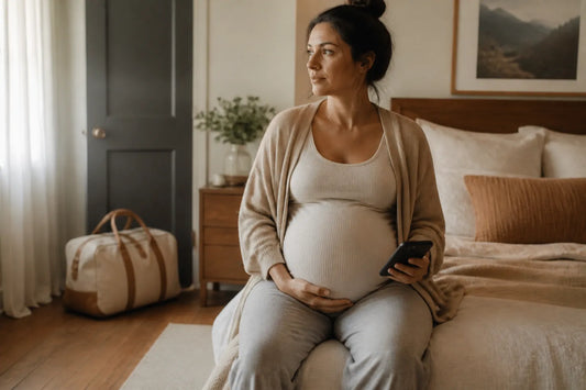 Future maman à terme, attentive au moindre signe, valise prête