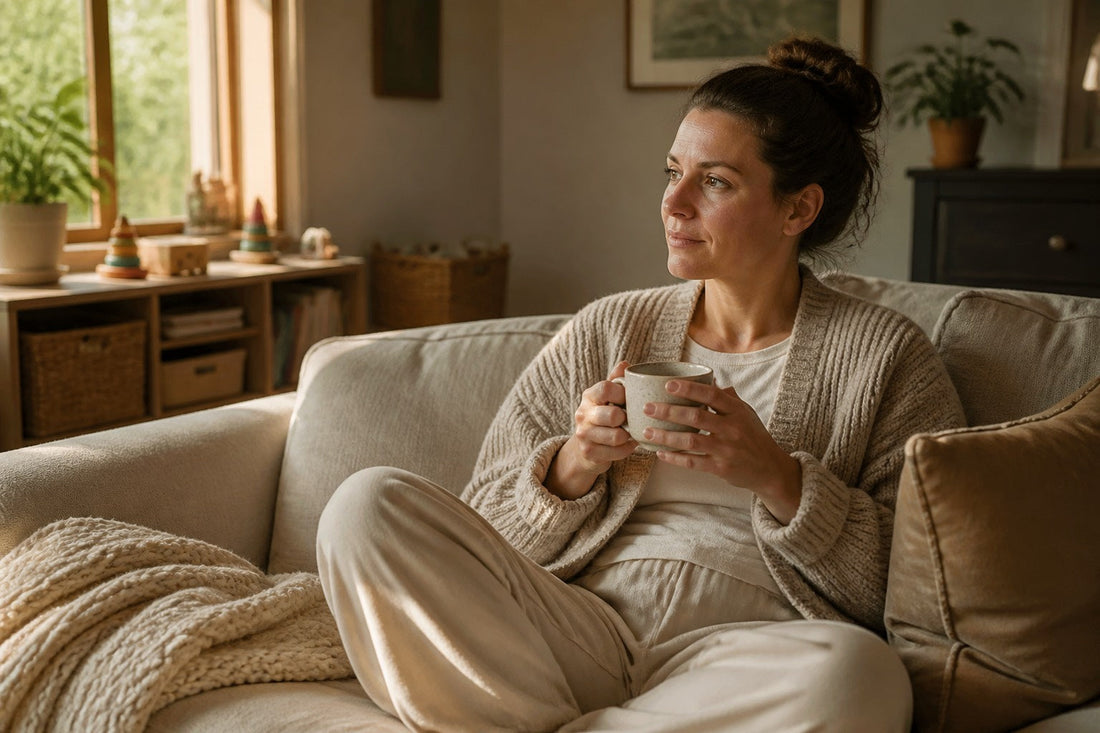 Parent qui s'accorde un moment de détente avec une tasse, jouets d'enfant en arrière-plan