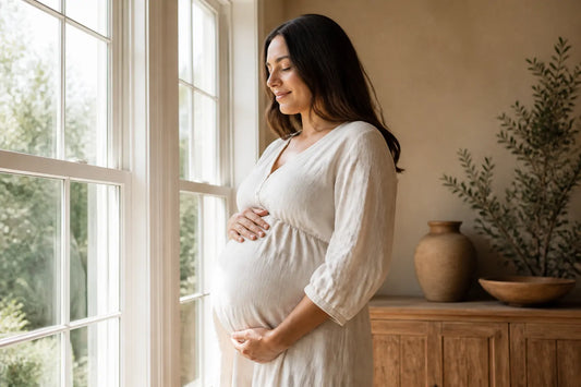Femme enceinte sereine près d'une fenêtre, mains sur le ventre