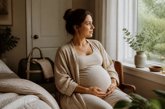 Femme à terme guettant les premiers signes, valise prête